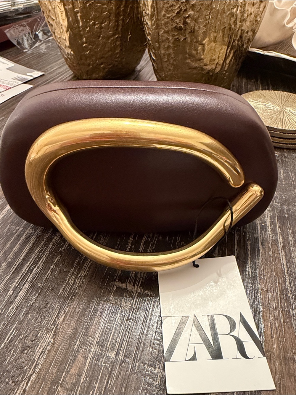 ZARA Dark Brown Clutch with Sculptural Gold Accent